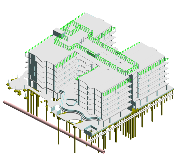 Opal Aged Care structural model showing the building, cores and piled foundations