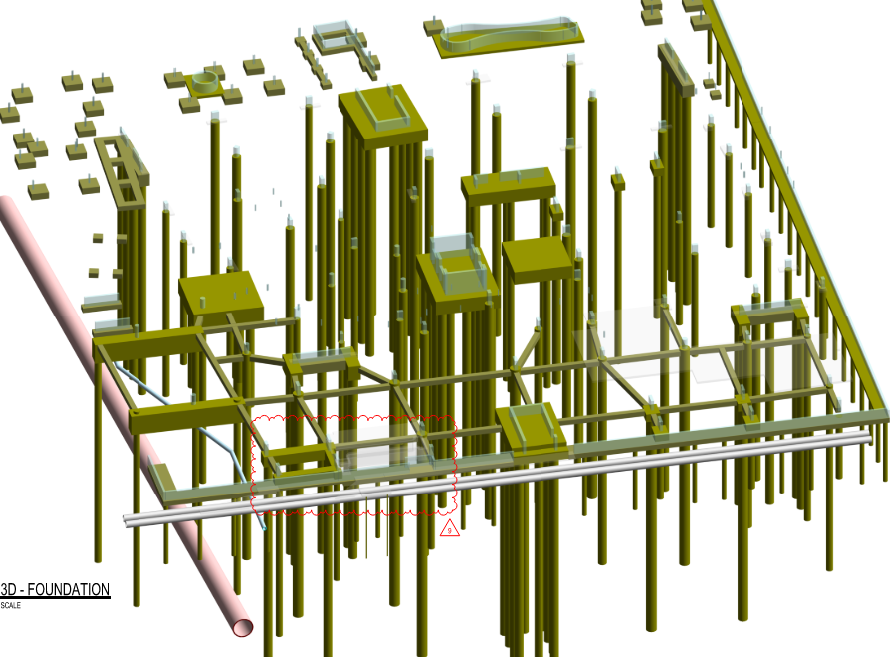 Opal Aged Care foundation model showing piles, pile caps and ground beams