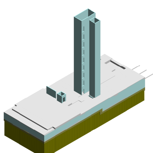 Revit structural model showing the basement, podium and building cores