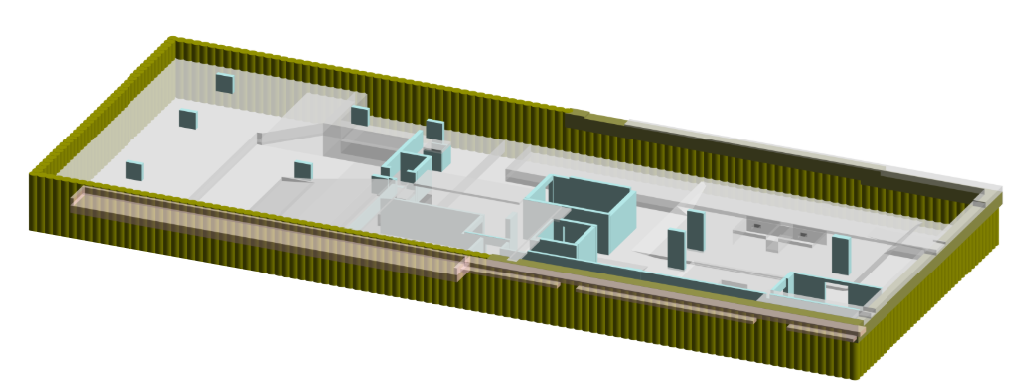 Revit structural model showing the basement and retaining wall arrangement